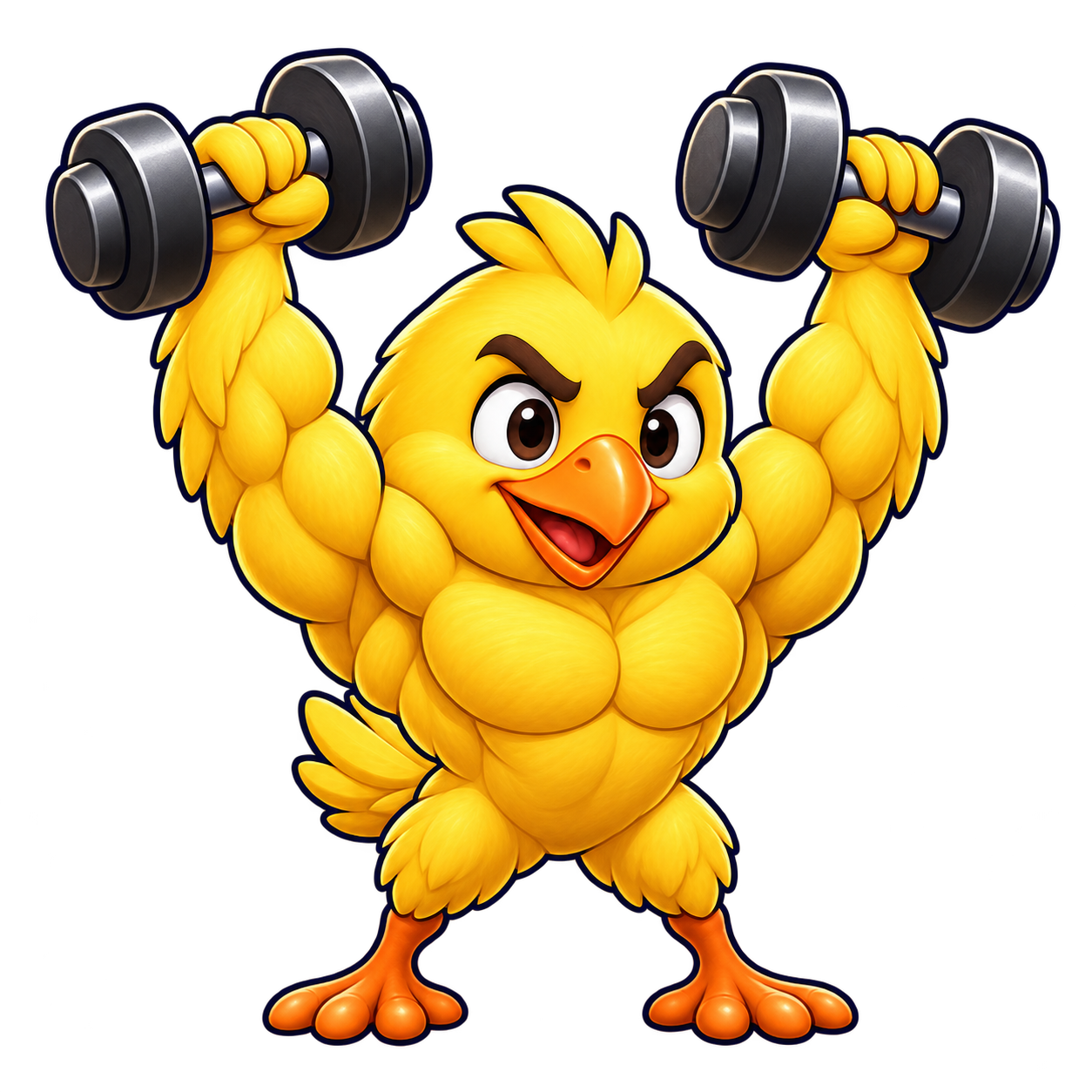 Flap Fit’s muscular yellow cartoon bird pressing two dumbbells overhead